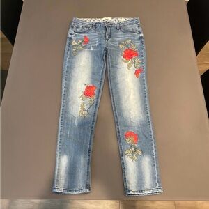 Vintage America Blue Straight-Leg Jeans with Red Floral Embroidery